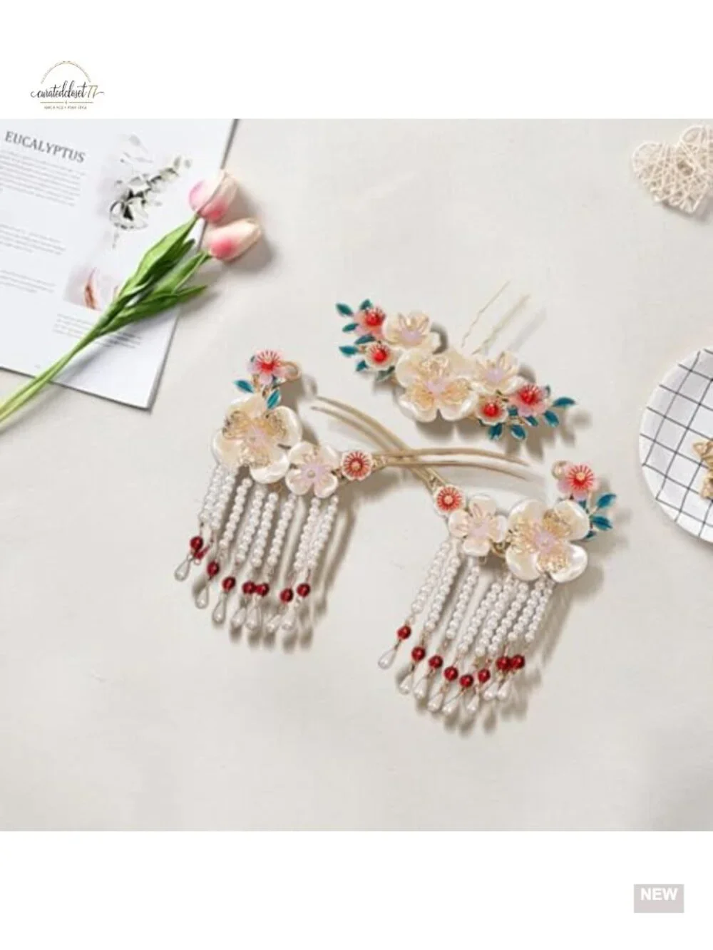 3 Pcs Flower Tassels Hairpin Rhinestone Pearl Clips Hair Accessories for Updo